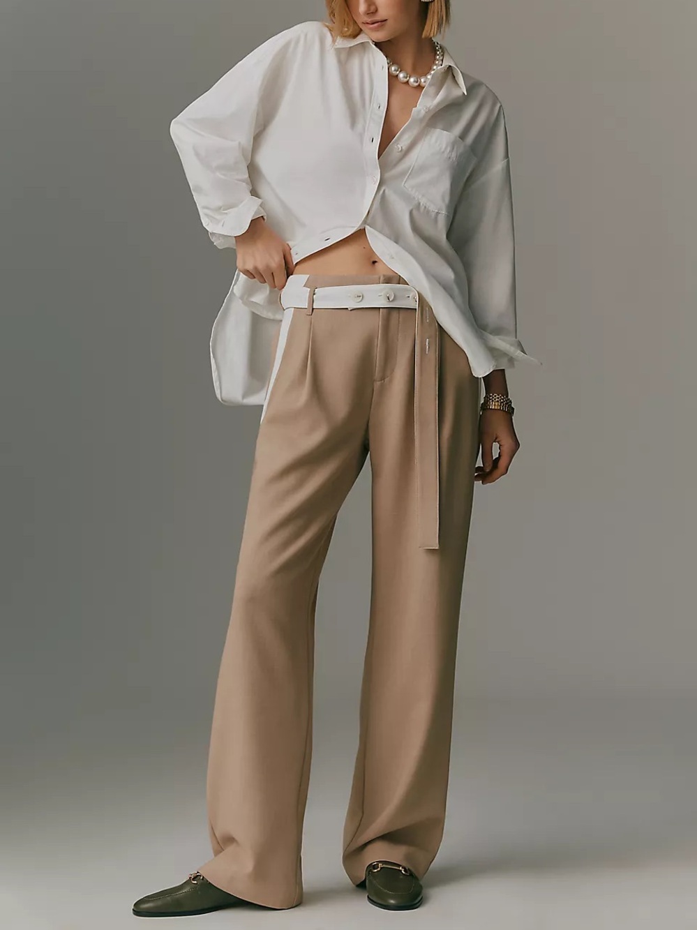 Anthropologie Maeve Tapered High-Rise Belt Trousers Khaki‎ Size 4 White Stripe